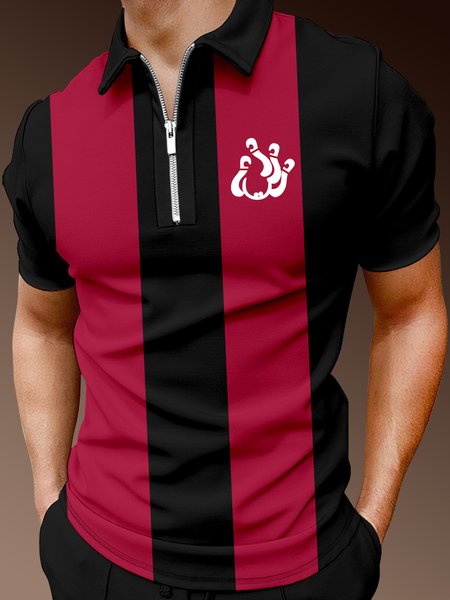 

Casual Sports Collection Geometric And Bowling Elements Lapel Short-Sleeved Polo Print Top, Red, Men's t-shirts