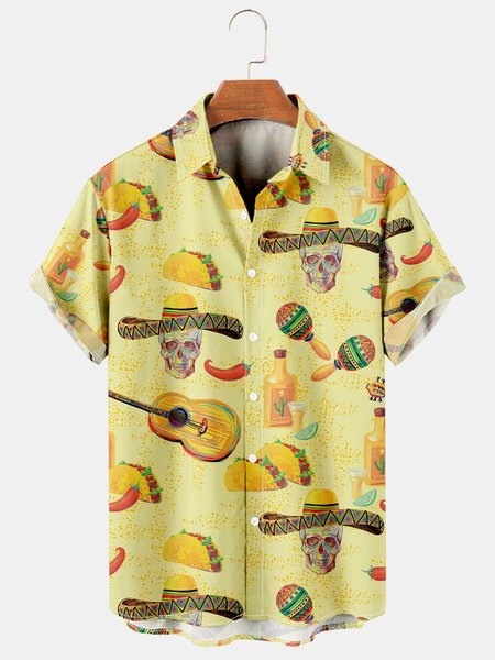 

Mens Cinco de Mayo Guitar Hat Print Casual Breathable Bowling Shirt, Khaki, Men's Floral shirt