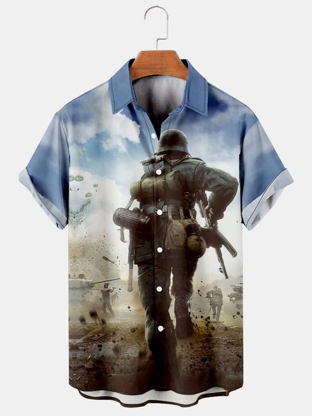 

Mens Peace Print Casual Breathable Short Sleeve Shirt, Blue, Men's Floral shirt
