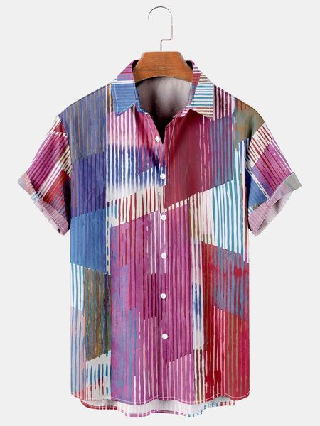 

Mens Geometric Contrast Print Casual Breathable Short Sleeve Shirt, Purplish red, Men's Floral shirt