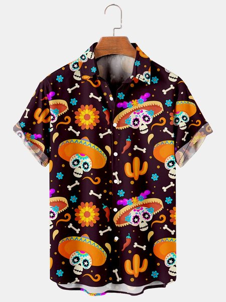 

Men's Printed Casual Breathable Short Sleeve Hawaiian Shirt, Orange, Men's Floral shirt