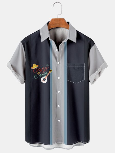

Men's Cinco de Mayo Guitar Hat Print Casual Breathable Bowling Shirt, Blue, Men's Floral shirt