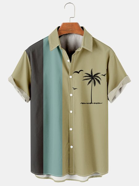 

Mens Coconut Tree Print Casual Breathable Hawaiian Short Sleeve Shirt, Yellow, Men's Floral shirt