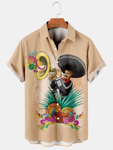 

Men's Printed Casual Short Sleeve Hawaiian Shirt, Khaki, Men's Floral shirt