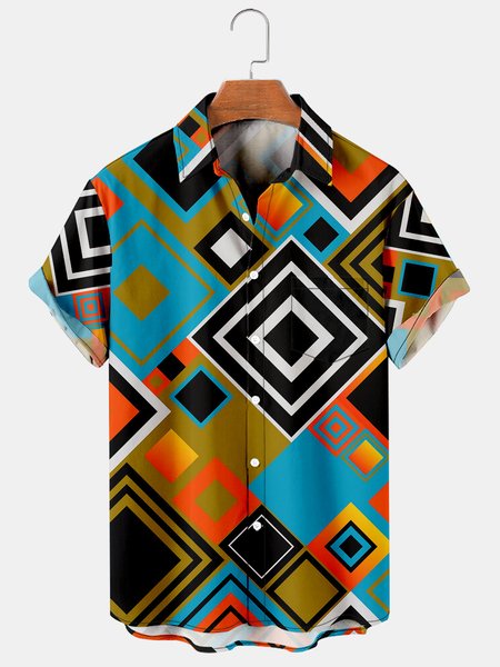 

Geometric Men's Casual Short Sleeve Shirt, Blue, Men's Floral shirt