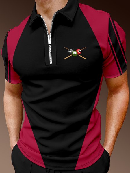 

Casual Sports Collection Geometric And Bowling Elements Lapel Short-Sleeved Polo Print Top, Black, Men's t-shirts
