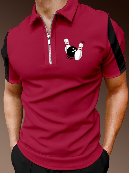 

Casual Sports Collection Geometric And Bowling Elements Lapel Short-Sleeved Polo Print Top, Red, Men's t-shirts
