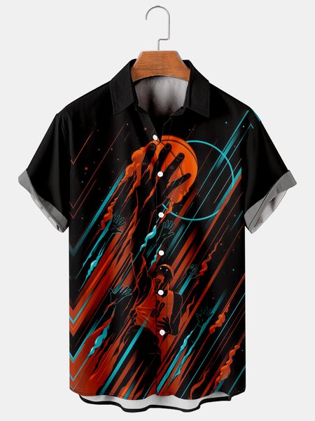 

Mens Basketball Print Lapel Loose Chest Pocket Short Sleeve Funky Hawaiian Shirts, Black, Men's Floral shirt