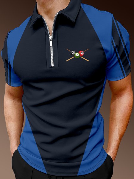 

Casual Sports Collection Geometric And Bowling Elements Lapel Short-Sleeved Polo Print Top, Purplish blue, Men's t-shirts