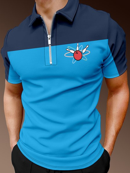 

Casual Sports Collection Geometric And Bowling Elements Lapel Short-Sleeved Polo Print Top, Blue, Men's t-shirts