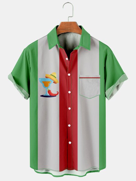 

Mens Cinco de Mayo Wine Glass Print Casual Breathable Short Sleeve Shirt, Green, Men's Floral shirt