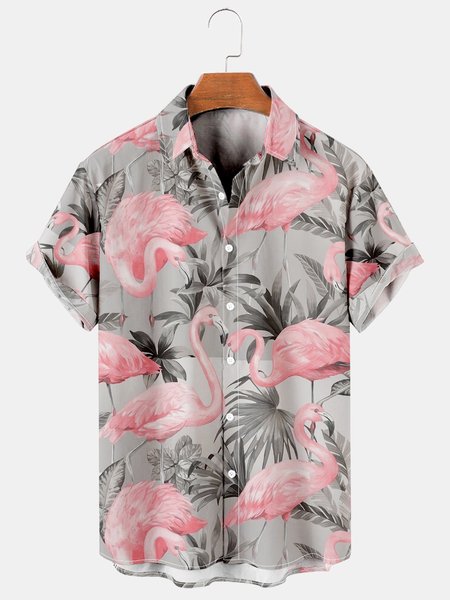 

Mens Flamingo Printed Casual Short Sleeve Shirt Hawaiian Top, Pink, Men's Floral shirt