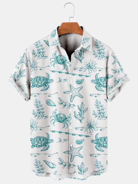 

Mens Turtle Crab Print Casual Breathable Hawaiian Short Sleeve Shirt, White, Men's Floral shirt