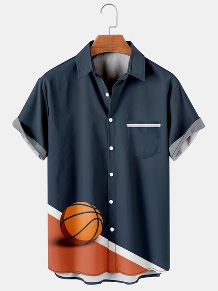 

Mens Basketball Print Lapel Loose Chest Pocket Short Sleeve Funky Hawaiian Shirts, Blue, Men's Floral shirt