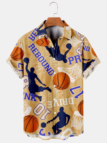 

Mens Basketball Print Lapel Loose Short Sleeve Funky Hawaiian Shirts, Yellow, Men's Floral shirt