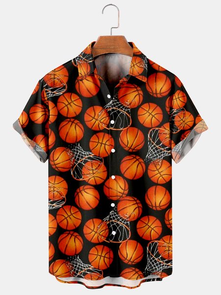

Mens Basketball Print Lapel Loose Short Sleeve Funky Hawaiian Shirts, Black, Men's Floral shirt