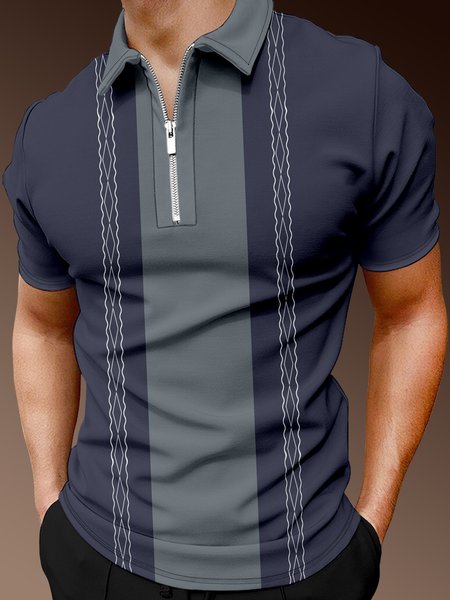 

Casual Art Collection Striped Geometric Lapel Short Sleeve Polo Print Top, Purplish blue, Men's t-shirts
