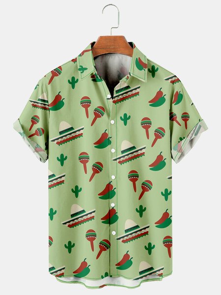 

Mens Cinco de Mayo Chili Hat Print Casual Breathable Bowling Shirt, Green, Men's Floral shirt