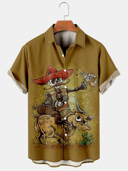 

Men's Printed Casual Short Sleeve Hawaiian Shirt, Deep khaki, Men's Floral shirt