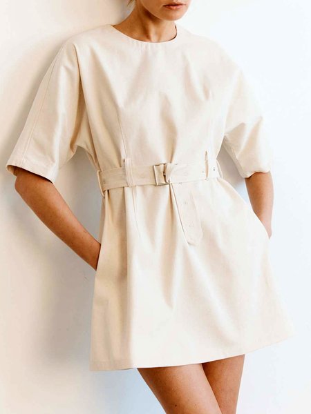 

Regular Fit Crew Neck Short Sleeve Woven Dress, Apricot, Mini Dresses