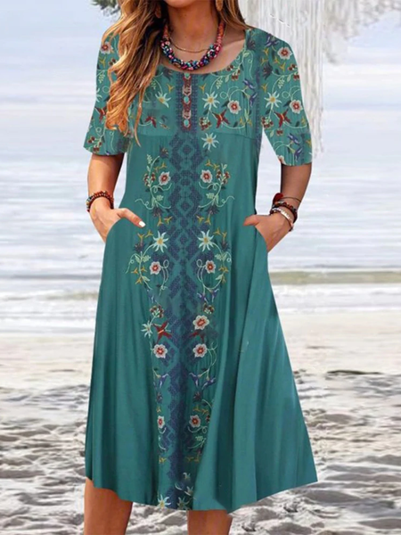 

Cotton Blends Tribal Vacation Short Sleeve Knit Dress, Green, Midi Dresses