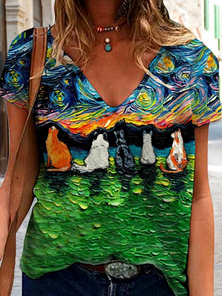

V Neck Regular Fit Abstract Short Sleeve T-Shirt, Multicolor, T-Shirts