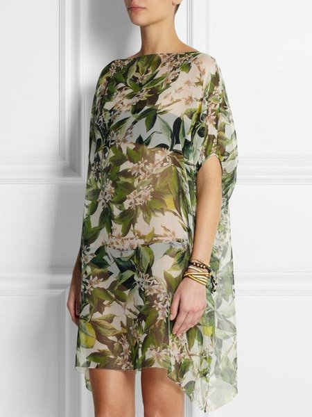 

Floral Loosen Boat Neck Half Sleeve Mini Dress, Green, Mini Dresses