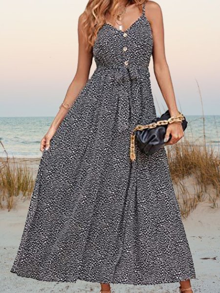 

Regular Fit Spaghetti Vacation Short Sleeve Woven Dress, Black, Floral Dresses