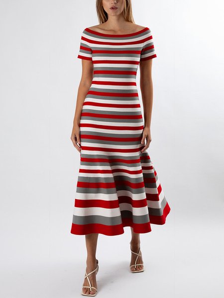 

Elegant Off The Shoulder Striped Short Sleeve Midi Dress, Red, Maxi Dresses