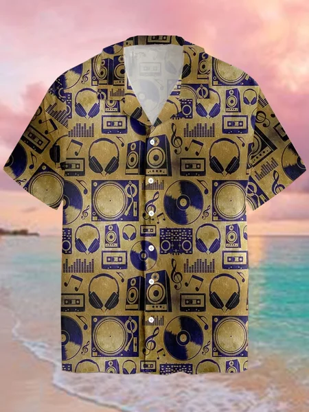 

Casual Music Series Notes And Sound Elements Pattern Lapel Short Sleeve Print Shirt Top, As picture, Men's Floral shirt
