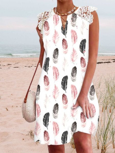 

Notched Regular Fit Feather Short Sleeve beach Woven Dress, White, Floral Dresses