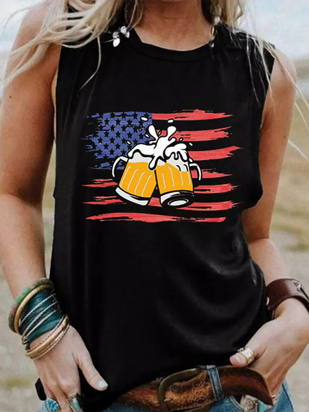 

American Flag Beer Casual Round Neck Sleeveless Tank, Black, Tanks & Camis