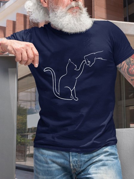 

Men's Casual Simple Cat Print Short Sleeve T-shirt, Purplish blue, T-shirts