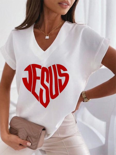 

Heart Casual Loosen Letter Short Sleeve Tops, White, T-Shirts