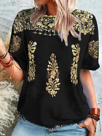 

Vacation Round Neck Floral Regular Fit Short Sleeve T-Shirt, Black, T-Shirts