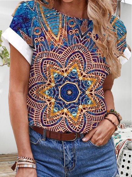 

Geometric Casual Short Sleeve Tops, Blue, Tops