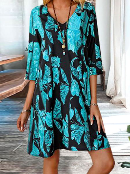 

Teal Floral Print Resort Beach Dress Casual Short Sleeve Woven Dress, Black, Dresses