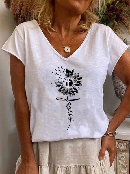

Floral V Neck Cotton Blends Letter Short Sleeve T-Shirt, White, T-Shirts