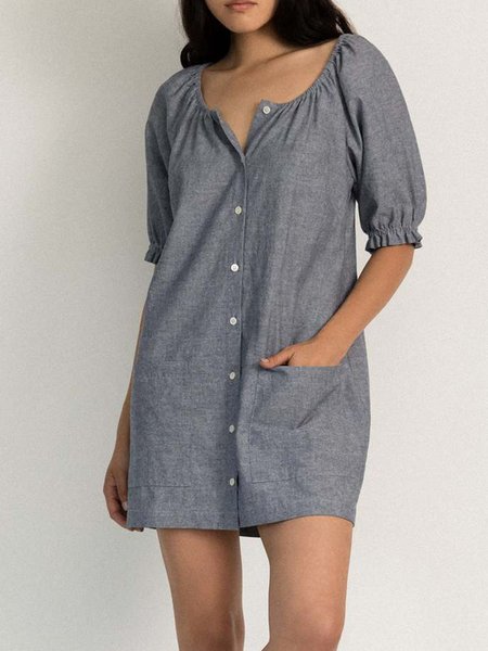 

Crew Neck Casual Short Sleeve Woven Dress, Gray, Maxi Dresses