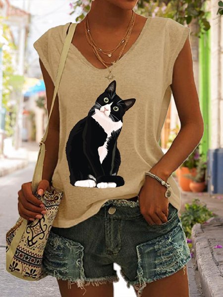 

Cute Kitty Cat Face Cat Lover Casual Knit Tank, Khaki, Tank Tops
