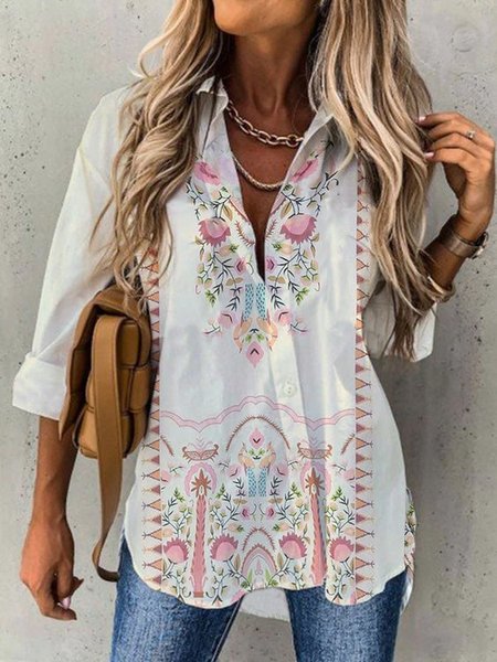 

Shirt Collar Regular Fit Ethnic Long Sleeve Blouse, Apricot, Blouses & Shirts