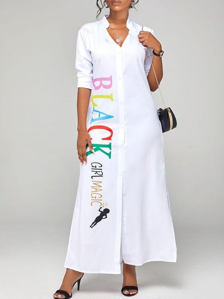 

Loosen Shirt Collar Letter Long Sleeve Woven Maxi Dress, White, Maxi Dresses
