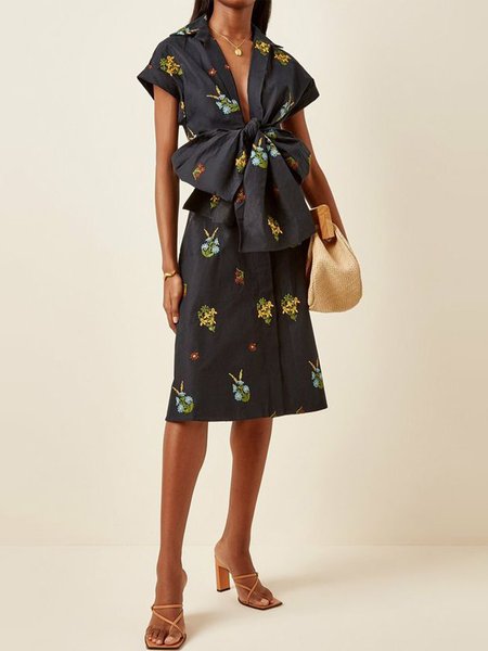 

Regular Fit Shirt Collar Elegant Short Sleeve Woven Midi Dress, Black, Midi Dresses