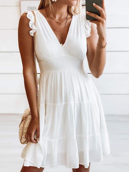 

Solid Vacation Frill Sleeve V-neck Woven White Tiered Mini Dress, Dresses