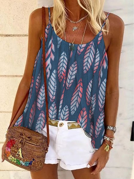 

Leaves Spaghetti Woven Loosen, Blue, Tanks & Camis