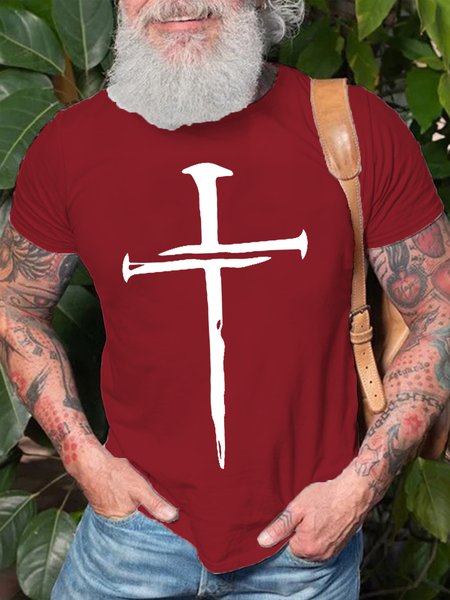

Nail Cross Christian Casual Short Sleeve T-Shirt, Red, T-shirts