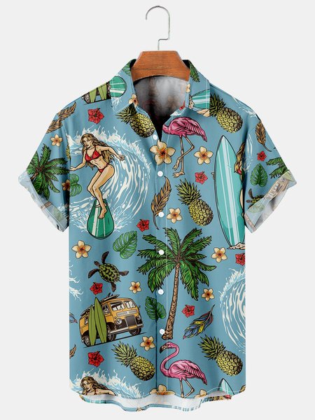 

Men's Coconut Print Casual Short Sleeve Hawaiian Shirt, Blue, Men's Floral shirt