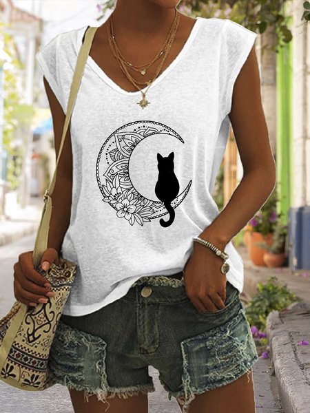 Casual Simple Cat Moon Print V-Neck Tank Top, White, Tank Tops