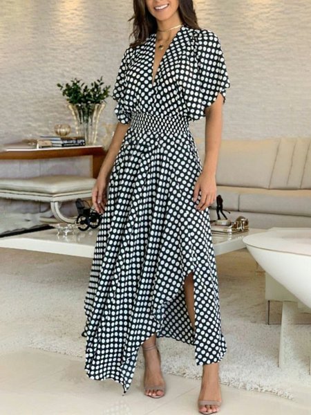 

Vacation Polka Dots Short Sleeve Woven Maxi Dress, Black-white, Maxi Dresses