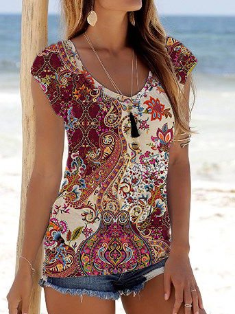 

V Neck Tribal Paisley Printed Short Sleeve T-Shirt, Multicolor, T-Shirts